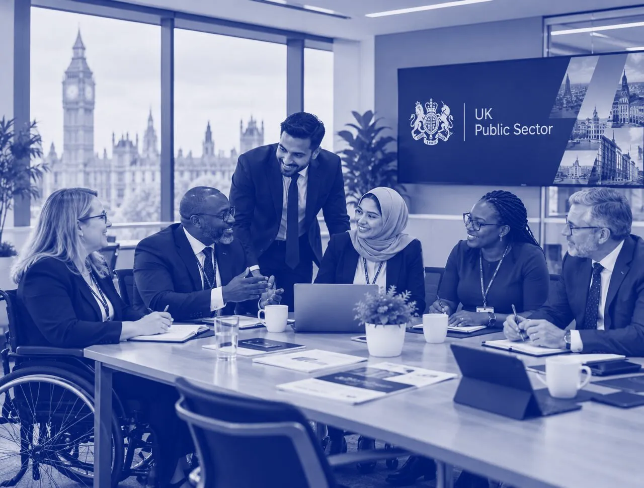 A team meeting around a table in an office overlooking the Houses of Parliament