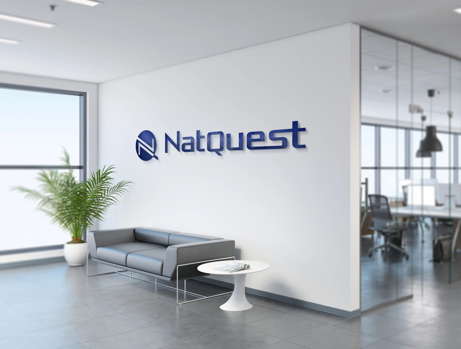 Illustrative rendering of the NatQuest logo on an office wall